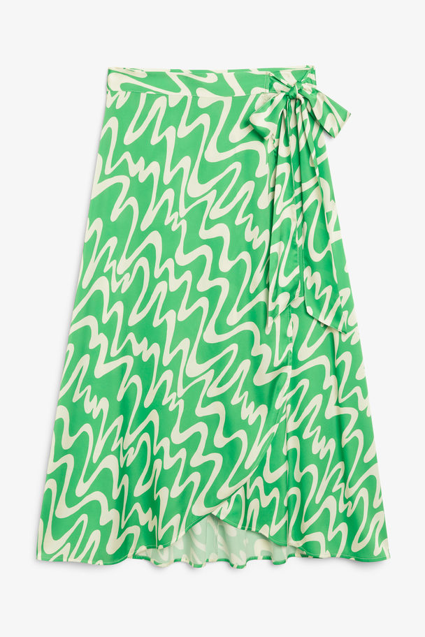 Monki Satin Wrap Midi Skirt Green With White Waves