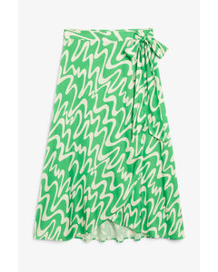 Satin Wrap Midi Skirt Green With White Waves
