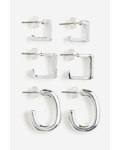 3 Pairs Hoop Earrings Silver-coloured