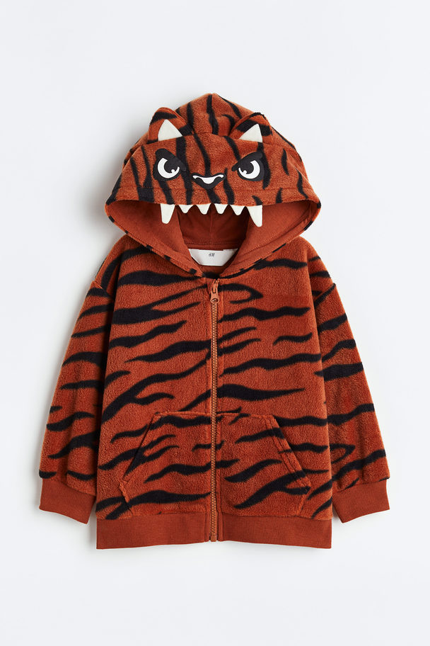 H&M Appliquéed Zip-through Hoodie Brown/tiger-striped