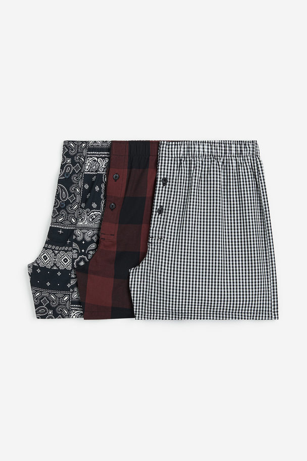 H&M 3-pack Woven Cotton Boxer Shorts Dark Red/checked