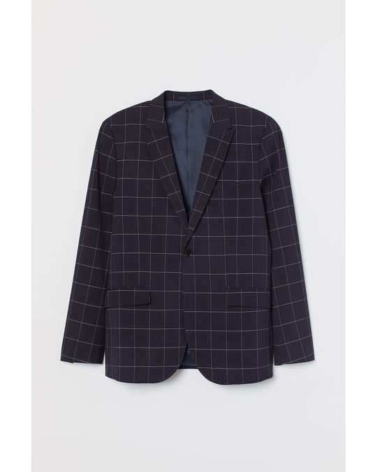 H&M Checked Jacket Skinny Fit Navy Blue/checked