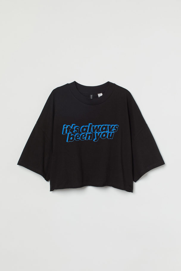 H&M Cropped T-shirt Met Motief Zwart/otis