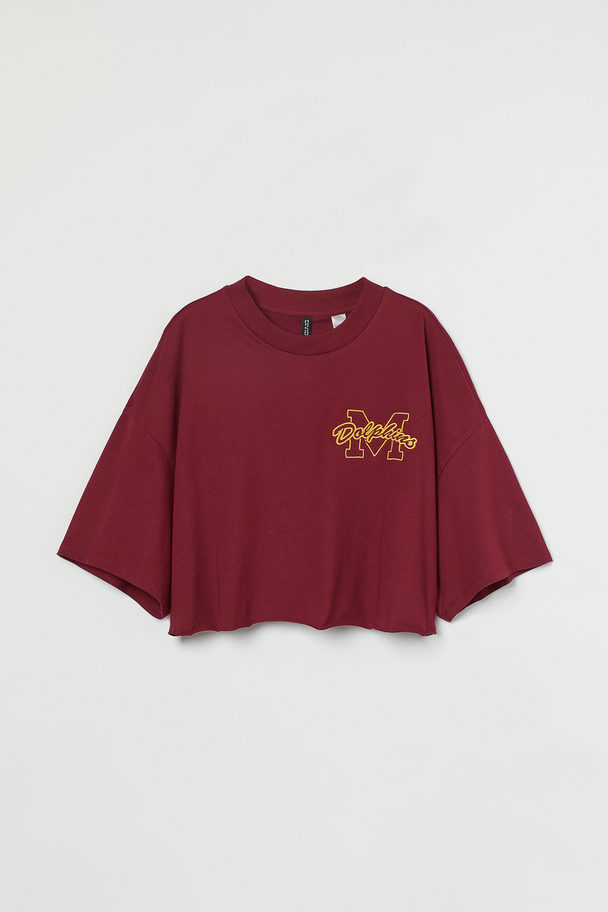 H&M Cropped Motif-detail T-shirt Dark Red/dolphins