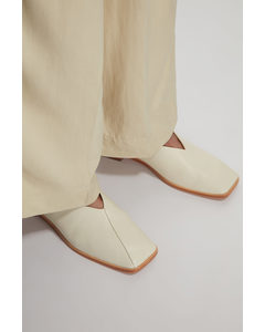 Square-toe Crossover Leather Ballet Flats Cream