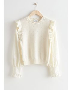 Knitted Ruffle Embroidery Sweater White