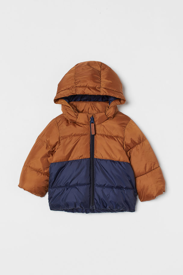 H&M Hooded Puffer Jacket Brown/block-coloured
