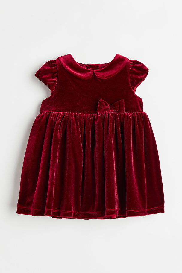 H&M Puff-sleeved Velour Dress Dark Red