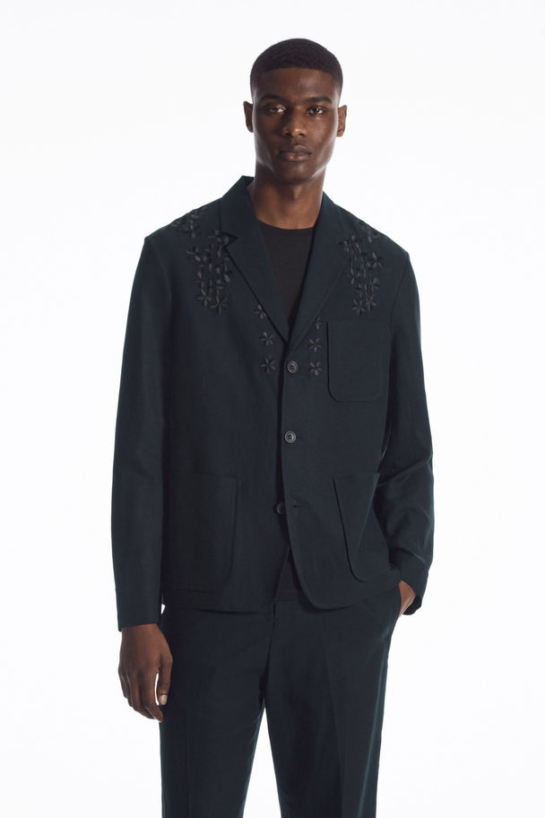 COS Floral Embroidered Blazer Navy Blue