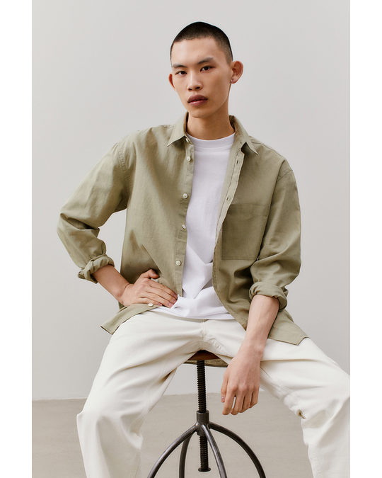 H&M Relaxed Fit Linen-blend Shirt Light Khaki Green