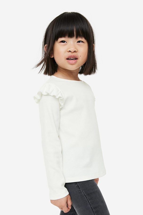 H&M Flounce-trimmed Ribbed Top White