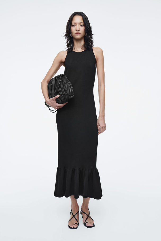 COS Knitted Ruffled-hem Midi Dress Black