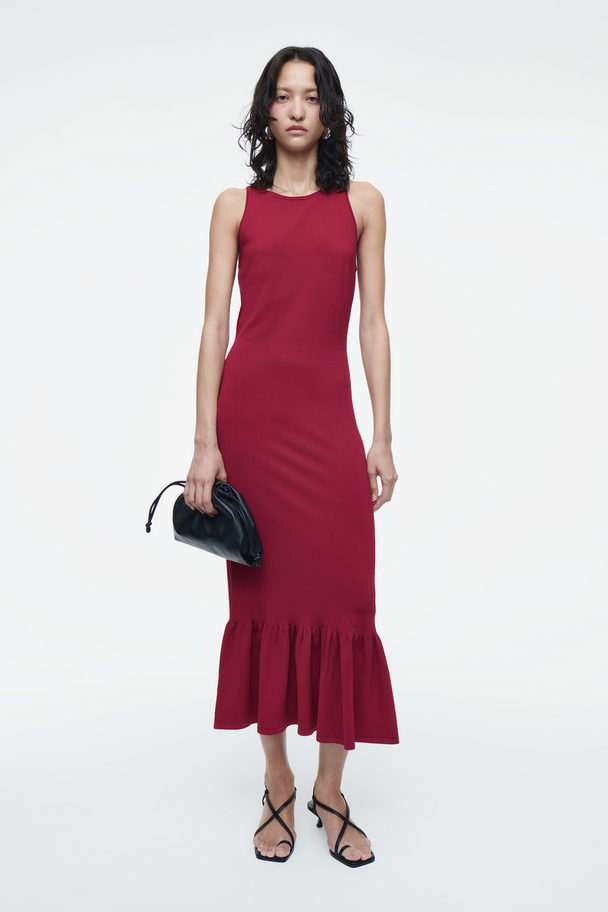 COS Knitted Ruffled-hem Midi Dress Dark Red