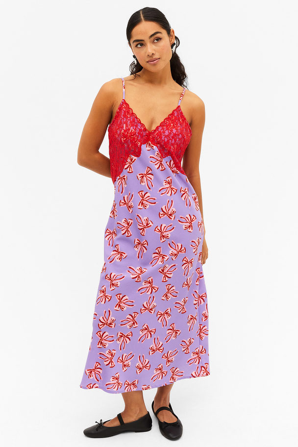 Monki Lace Detail Midi Slip Dress Lilac With Red Lace And Bows