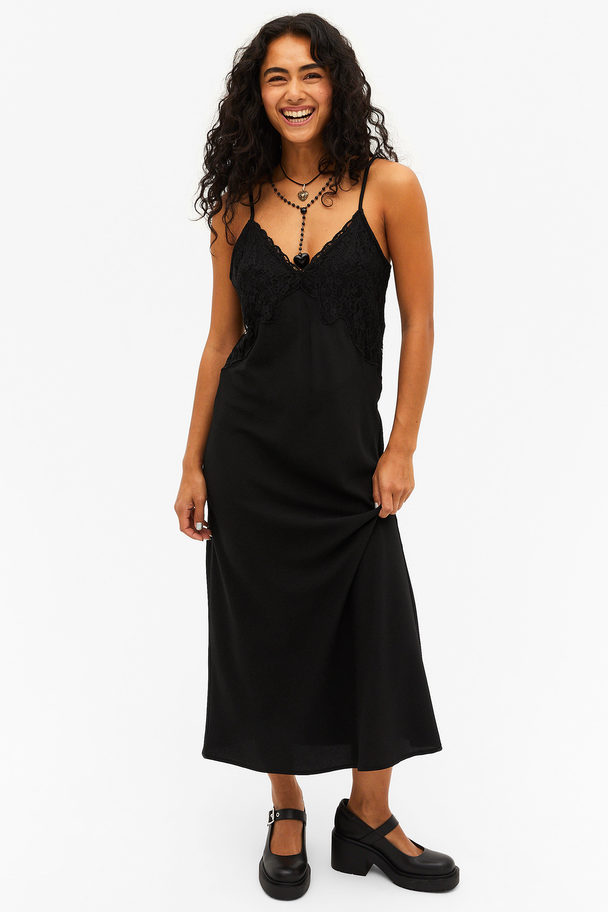 Monki Lace Detail Midi Slip Dress Black