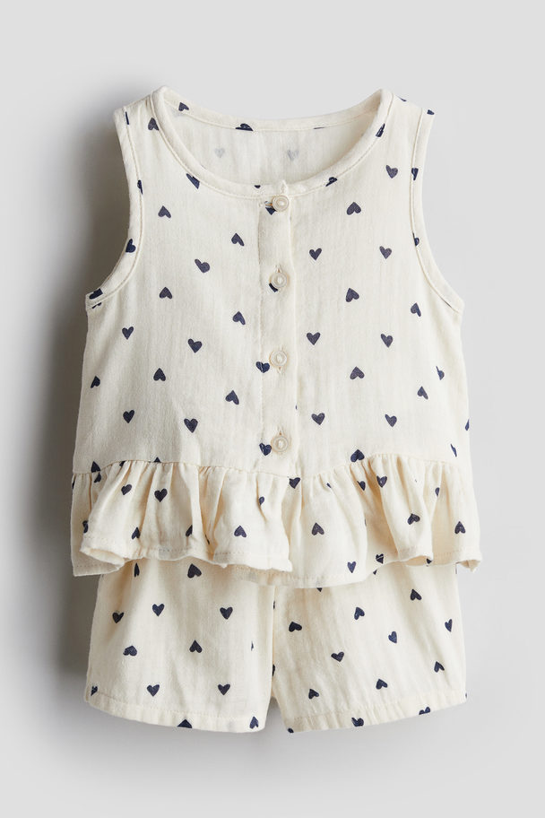 H&M 2-piece Top And Shorts Set Cream/hearts