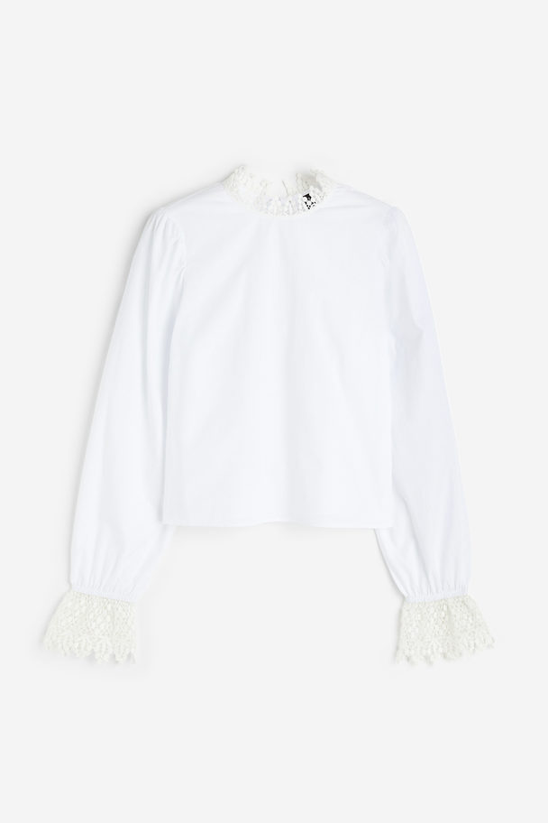H&M Lace-trimmed Poplin Top White