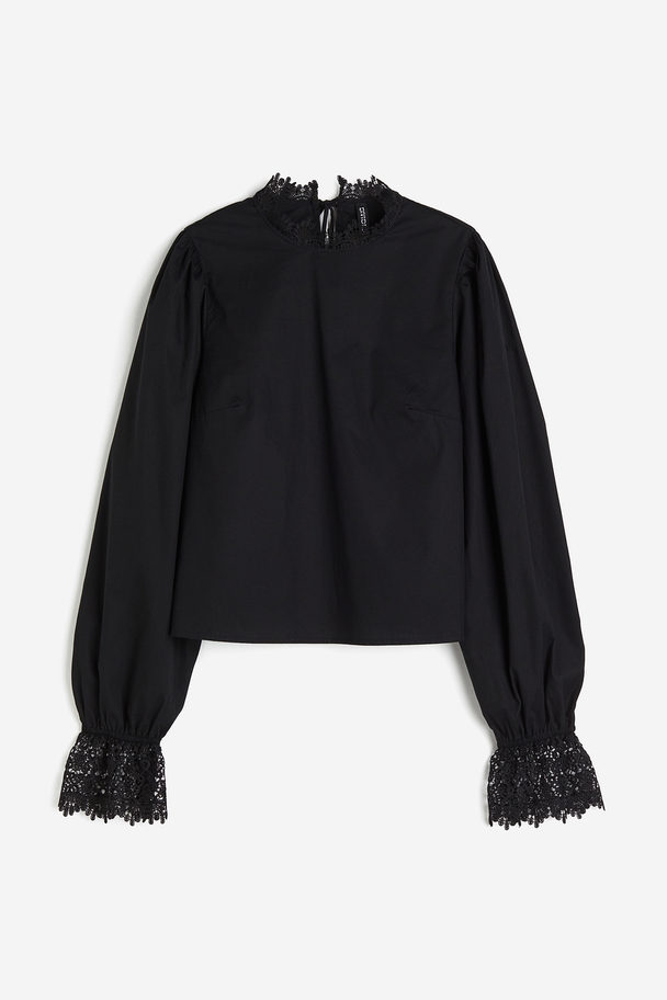 H&M Top I Poplin Med Blondekant Sort