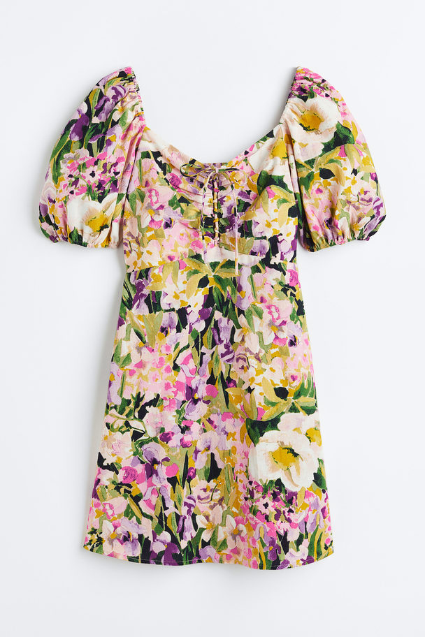 H&M Puff-sleeved Lacing-detail Dress Purple/floral