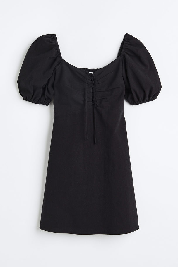 H&M Puff-sleeved Lacing-detail Dress Black