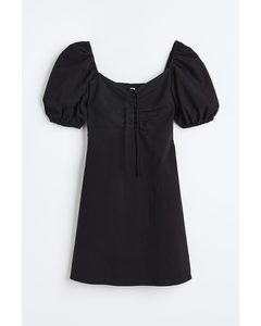 Puff-sleeved Lacing-detail Dress Black