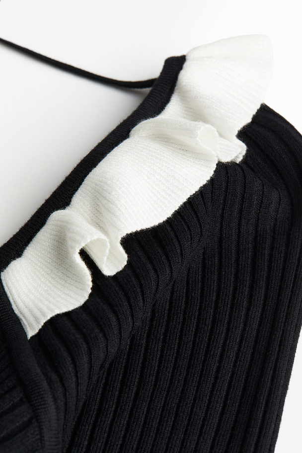 H&M Frill-trimmed Rib-knit Top Black