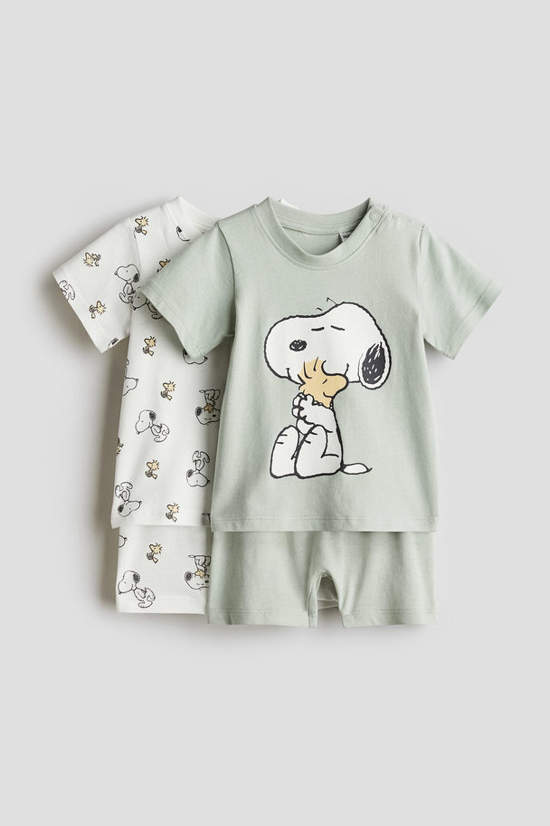 H&M Set Van 2 Katoenen Pyjama's Dusty Lichtgroen/snoopy