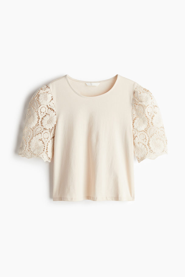 H&M Shirt mit Spitzenärmeln Hellbeige