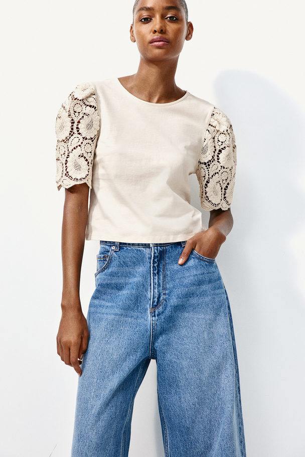 H&M Lace-sleeve Top Light Beige