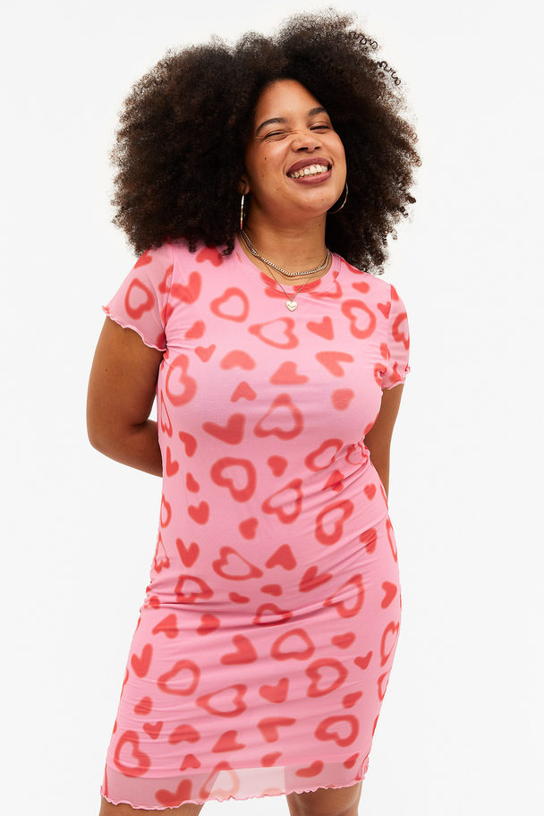 Monki Short Sleeved Bodycon Dress Pink With Red Hearts