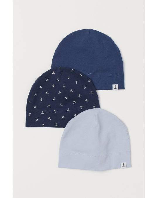 H&M 3-pack Cotton Jersey Hats Dark Blue/anchors