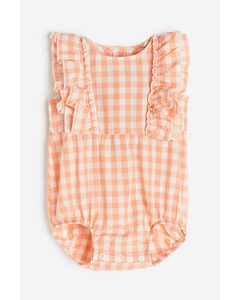 Flounce-trimmed Romper Suit Apricot/gingham Checked