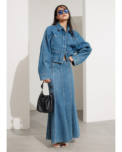 Pleated Denim Maxi Skirt Mid Blue