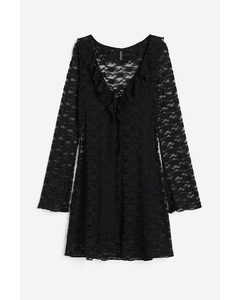 Flounce-trimmed Lace Dress Black