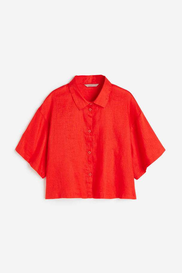 H&M Cropped Linen Shirt Bright Orange