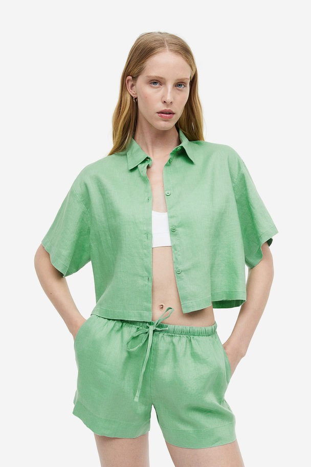 H&M Cropped Linen Shirt Green