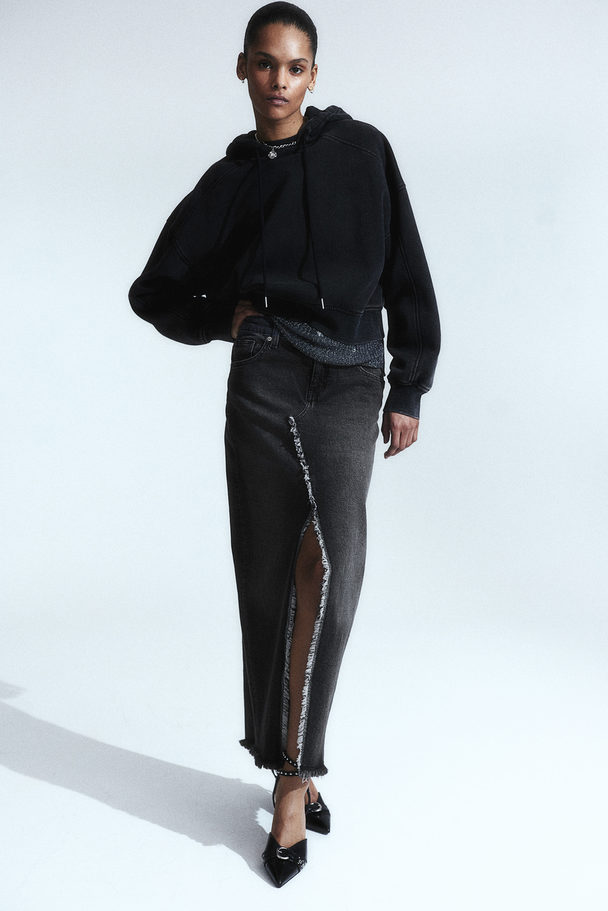 H&M Frayed-edge Denim Skirt Black