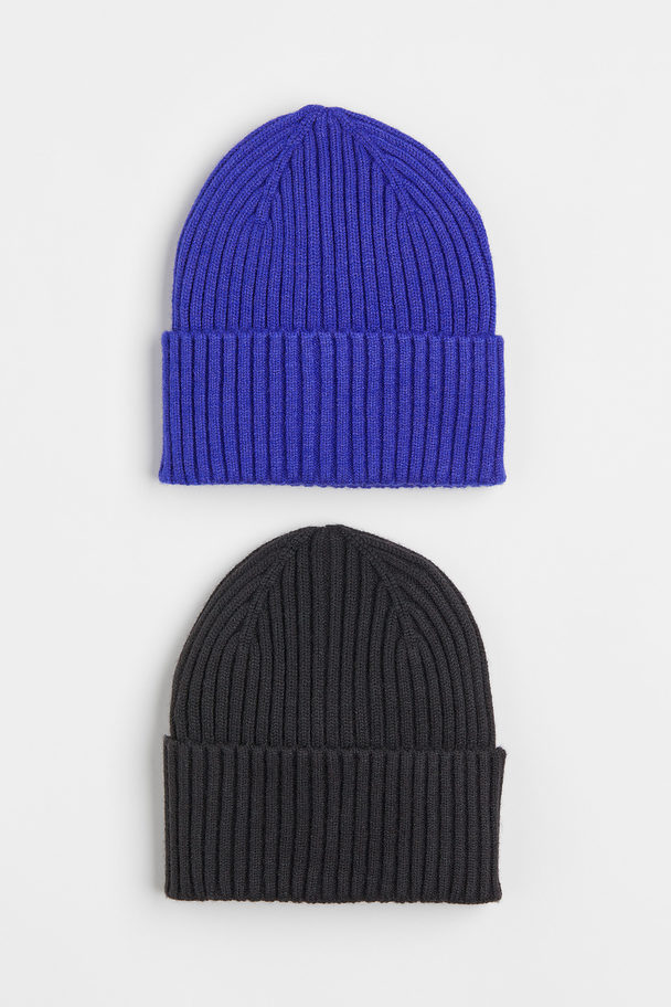 H&M 2-pack Rib-knit Hats Black/cobalt Blue