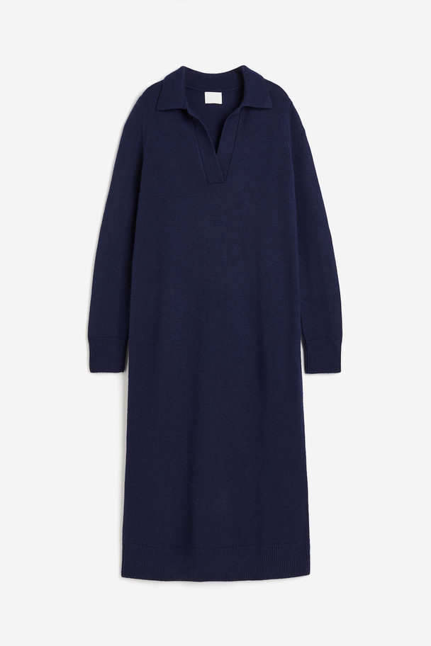 H&M Collared Knitted Dress Navy Blue