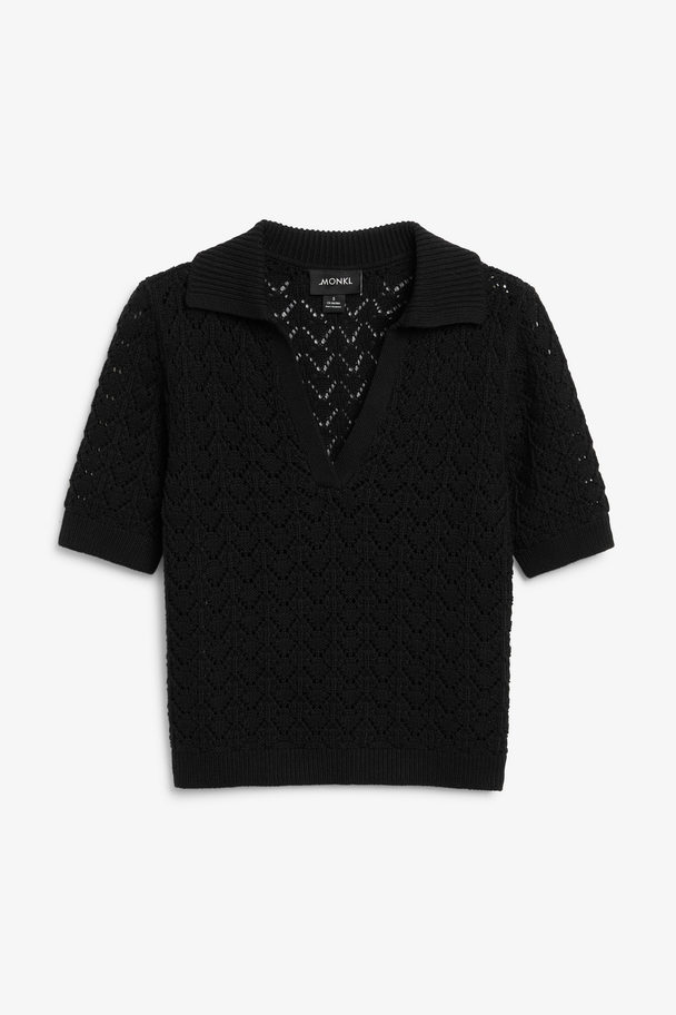 Monki Black Crochet Style Polo Shirt Donker Zwart