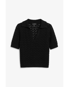 Black Crochet Style Polo Shirt Donker Zwart