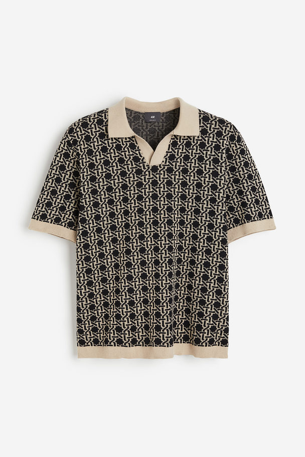 H&M Regular Fit Jacquard-knit Polo Shirt Beige/patterned