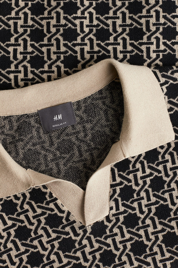 H&M Regular Fit Jacquard-knit Polo Shirt Beige/patterned