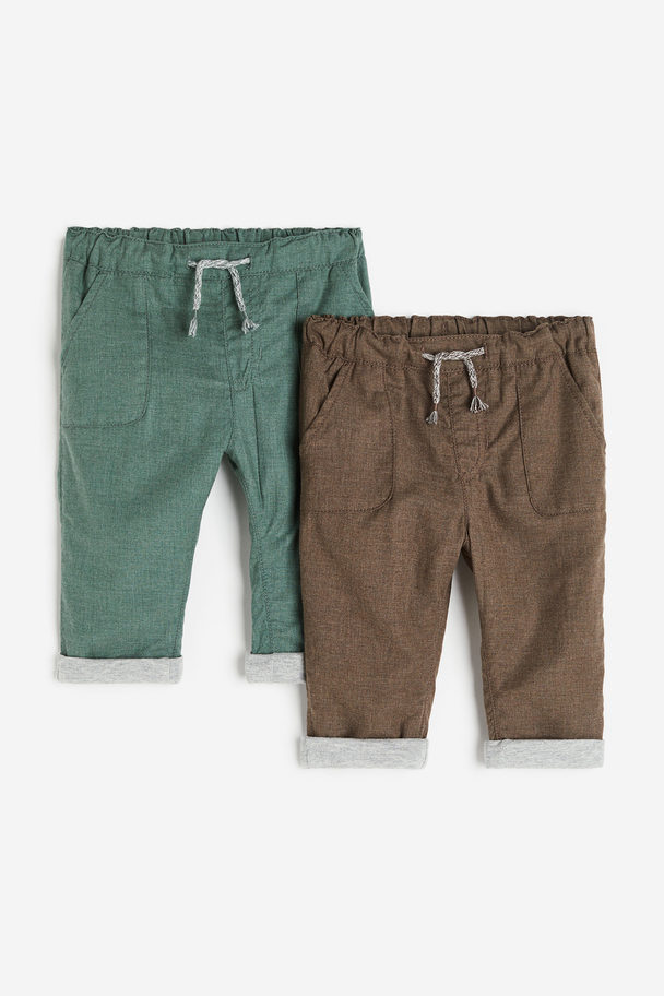 H&M 2-pack Fully Lined Cotton Trousers Green/brown