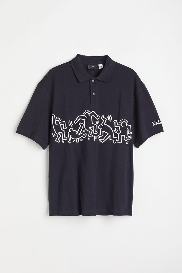 H&M Relaxed Fit Printed Polo Shirt Black/keith Haring