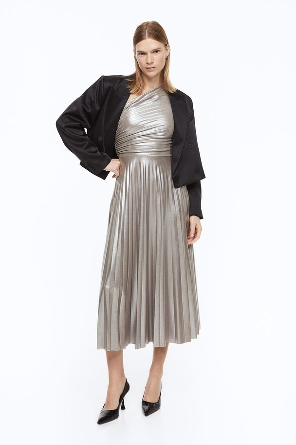 H&M Shimmering Metallic Pleated Dress Silver-coloured