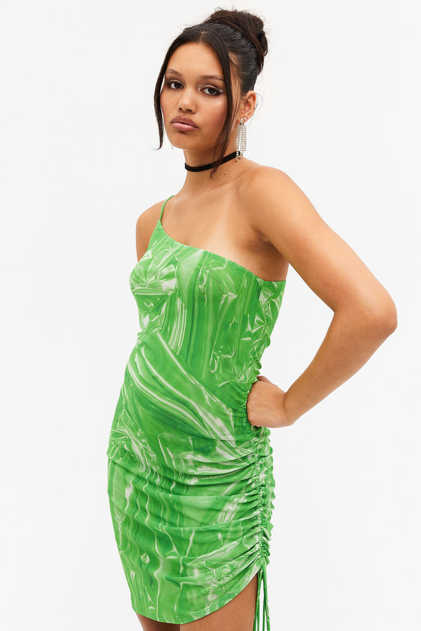 Monki One Shoulder Mini Slip Dress Green Cellophane Trompe L'oeil