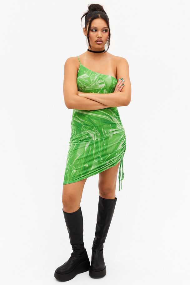 Monki One Shoulder Mini Slip Dress Green Cellophane Trompe L'oeil