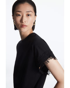 Relaxed-fit Lace-trimmed T-shirt Black