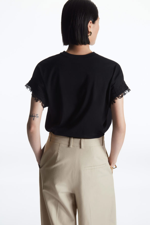 COS Relaxed-fit Lace-trimmed T-shirt Black